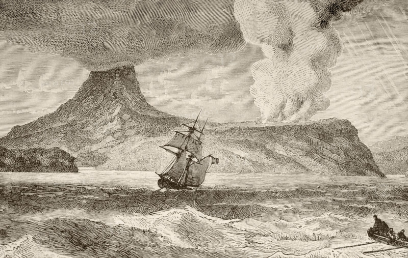 Krakatoa island, Indonesia, erupting in August 1883