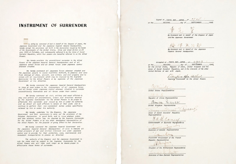 JAPAN INSTRUMENT OF SURRENDER document signed on USS Missouri in Tokyo Bay on 2 September 1945