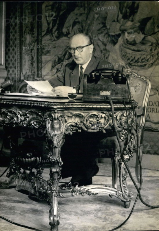 Sep. 12, 1956 - Before the ministers' meeting, Prime Minister Guy Mollet (pictured) held a press conference at the Elysee Palace in the presence of journalists and French radio and television reporters.