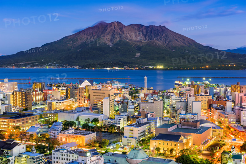 Kagoshima, Japan skyline with Sakurajima Volcano.