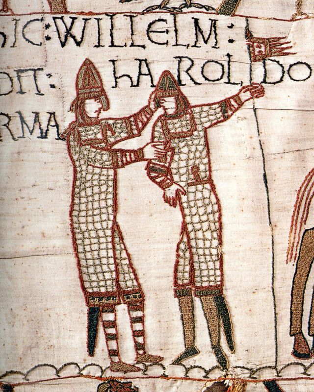 Bayeux Tapestry, William supplying weapons to Harold during Harold's trip to the continent in 1064