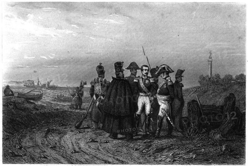 This painting depicts Louis-Napoléon Bonaparte’s 1840 landing at Boulogne, a historical event that marked a pivotal moment in his rise to power. The artwork captures the dramatic landing and the figures involved in the military operation.