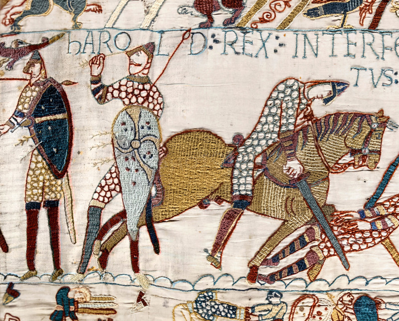 Detail from the Bayeux Tapestry showing the Death of King Harold at the Battle of Hastings in 1066.