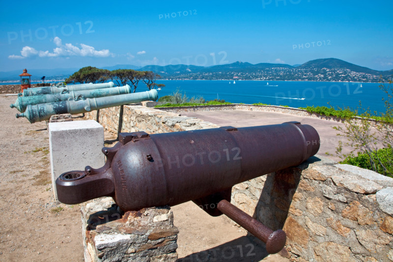 Old medieval cannons and mortar at citadel of Saint-Tropez, gulf of Saint-Tropez, french riviera, South France, Cote d'Azur, France, Europe