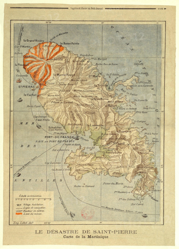. Français : 'Le Désastre de Saint-Pierre'. Carte de la Martinique. English: 'The Disaster of Saint-Pierre'. Map of Martinique.  . 1902. 2013-11-02. Eugène Letot(+1941). Upload, stitch and restoration by Jebulon Desastre Saint Pierre Montagne Pelee Martinique Petit Journal