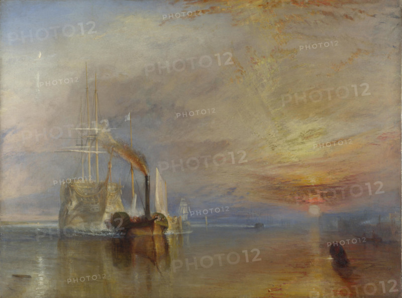 The Fighting Temeraire tugged to her last Berth to be broken up .  English: The Fighting Temeraire. 1839, by Joseph Mallord William Turner. Measures 3' x 4' Français : The Fighting Temeraire. 1839, par Joseph Mallord William Turner. Dimensions 90.7 x 121.6 cm, tableau exposé à la National Gallery, à Londres. . 1839.   1173 The Fighting Temeraire, JMW Turner, National Gallery