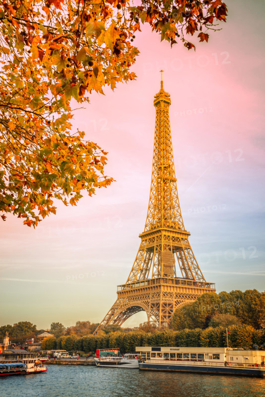 Eiffel tower and the river Seine, yellow automnal trees, Paris France