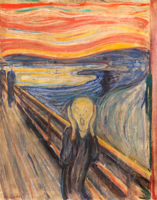 The Scream (Skrik) by Edvard Munch (1863-1944), oil, tempera & pastel on cardboard, 1893. Original version, National Gallery, Oslo.