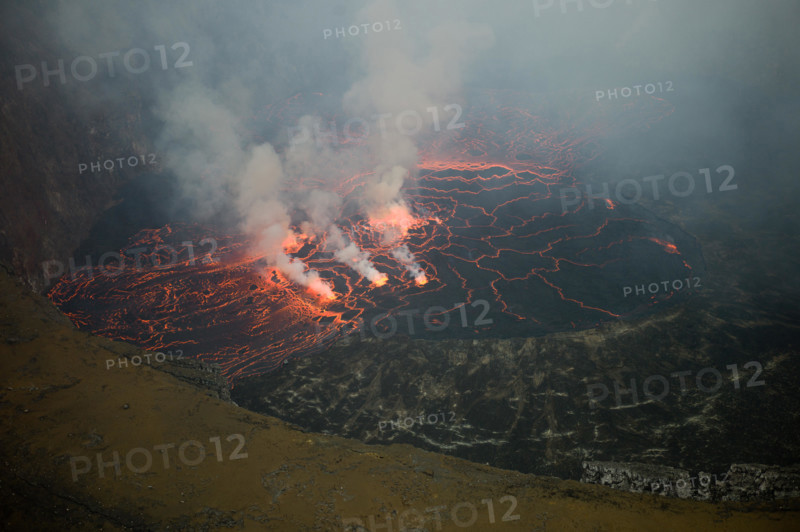 An active lava lake churns in the crater of Mount Nyiragongo Volcano, Kibati, Virunga National Park, Democratic Republic of Congo (DRC).