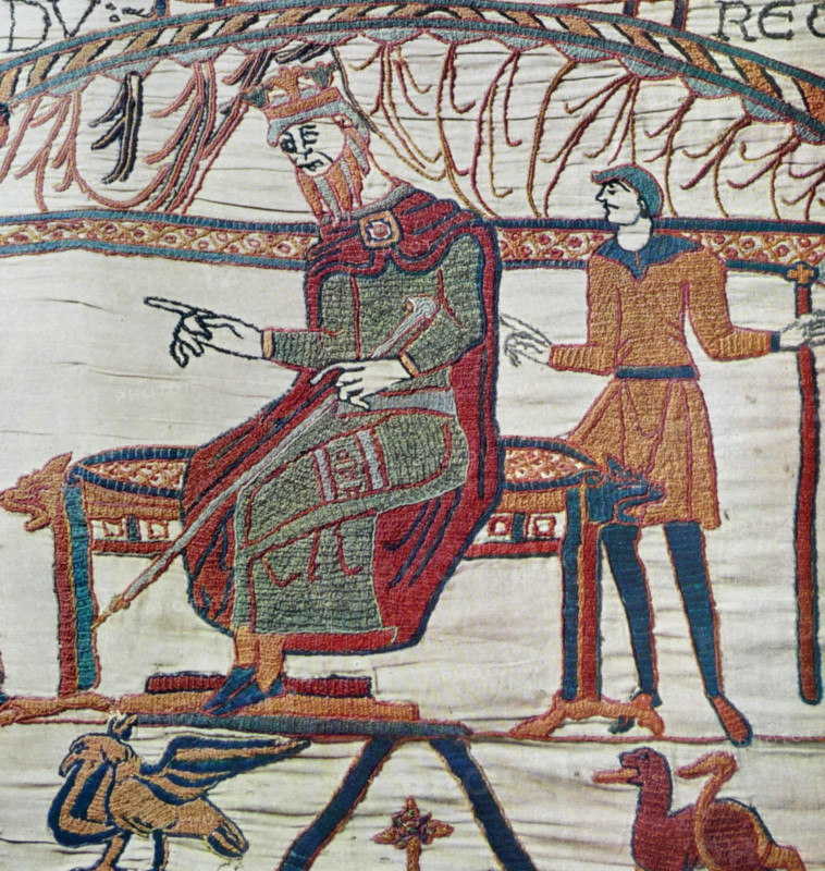 Episode from the Bayeux Tapestry, an embroidered cloth nearly 70 metres (230 ft) long, which depicts the events leading up to the Norman conquest of England, culminating in the Battle of Hastings, in 1066. It is thought to date to the 11th century, within a few years after the battle. It tells the story from the point of view of the conquering Normans.