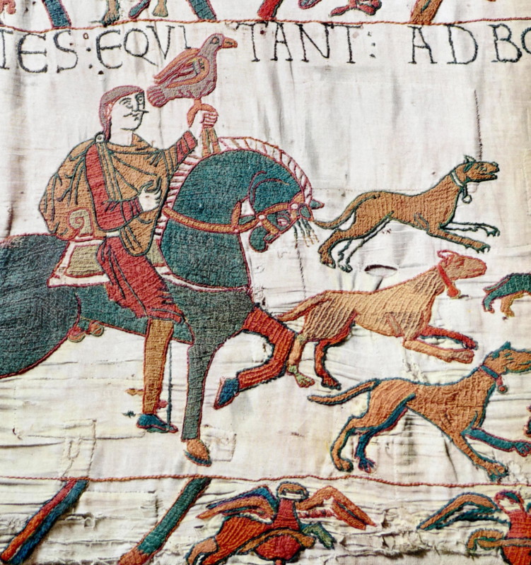 Episode from the Bayeux Tapestry, an embroidered cloth nearly 70 metres (230 ft) long, which depicts the events leading up to the Norman conquest of England, culminating in the Battle of Hastings, in 1066. It is thought to date to the 11th century, within a few years after the battle. It tells the story from the point of view of the conquering Normans.
