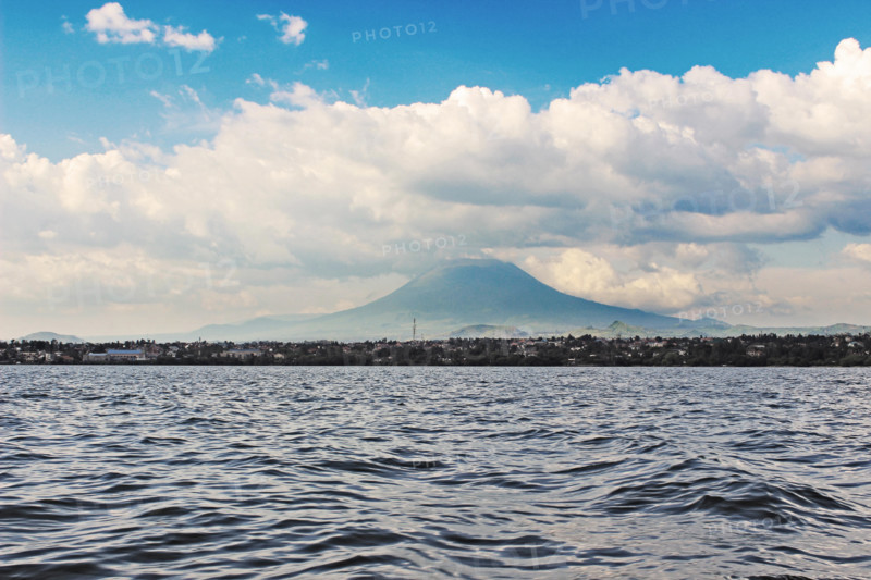 Lake Kivu, Rwanda, with Mount Nyiragongo of DR Congo in the Background. Nice Weather for a Boat Ride.
