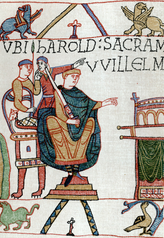 William receiving Harold's Oath. HAROLD SACRAMENTUM FECIT VVILLELMO DUCI (Harold made an oath to Duke William). This scene took place at Bagia (Bayeux, probably in Bayeux Cathedral).  The Bayeux Tapestry is an embroidered cloth measuring approx 70 metres (230 ft) long and 50 centimetres (20 in) tall. It depicts the events leading up to the Norman conquest of England concerning William, Duke of Normandy, and Harold, Earl of Wessex, later King of England, and culminating in the Battle of Hastings.