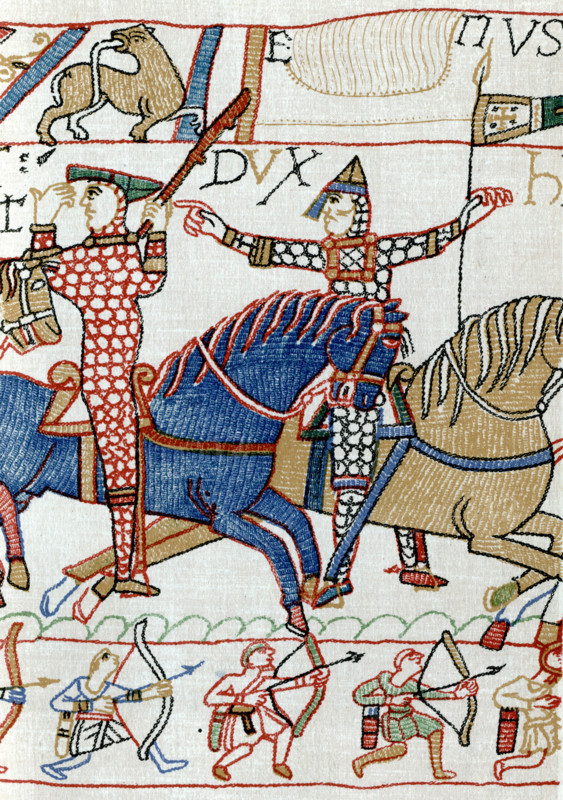 William I (c1028-1087), possibly with Eustace II, Count of Boulogne (c1015-c1087), during the Battle of Hastings, 11th century. A detail of the Bayeux Tapestry. The Bayeux Tapestry (Tapisserie de Bayeux) depicts the events leading up to the Norman conquest of England concerning William, Duke of Normandy, and Harold, Earl of Wessex, later King of England, and culminating in the Battle of Hastings.