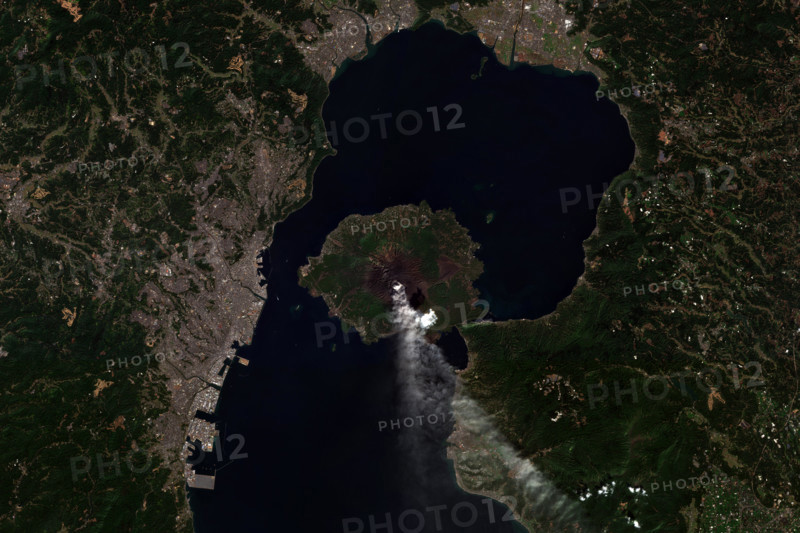 Active volcano Sakurajima in Kyushu, Japan seen from space - contains modified Copernicus Sentinel Data (2019)