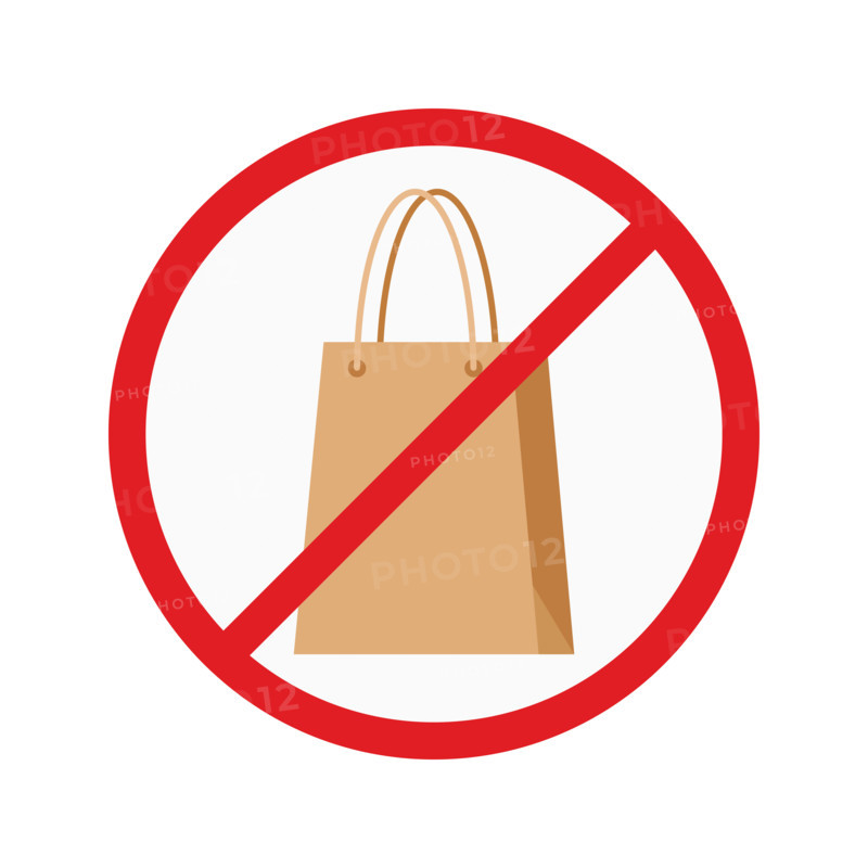 Paper shopping bag in red crossed circle.