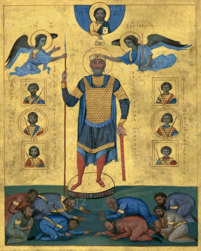 A miniature of Basil II, the Bulgar Slayer, 958 – 1025, Byzantine Emperor, Psalter of Basil II, digitally restored