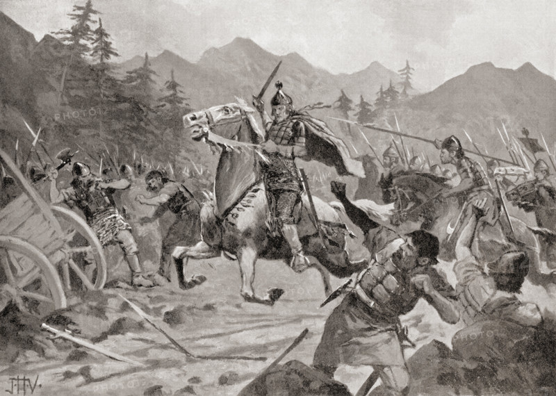 Basil II fighting the Bulgarians in 1017.  Basil II, aka  Basil the Porphyrogenitus, Basil the Young and  Bulgar Slayer, 958 – 1025.  Byzantine Emperor from the Macedonian dynasty. After the painting by J.H. Valda, (d. 1941).  From Hutchinson's History of the Nations, published 1915.