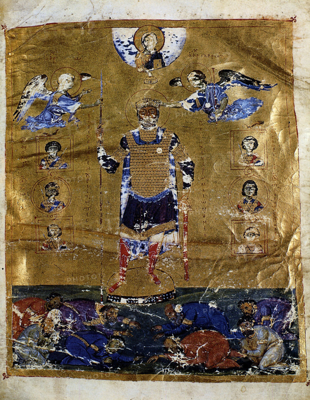 . English: Miniature of Emperor Basil II in triumphal garb, exemplifying the Imperial Crown handed down by Angels. Psalter of Basil II (Psalter of Venice), BNM, Ms. gr. 17, fol. 3r References: Paul Stephenson: A note on the portrait illumination of Basil II in his psalter   . 11th century. from the Middle Ages, unknown Basileios II, BNM, MS. gr. 17 Fol. 3r