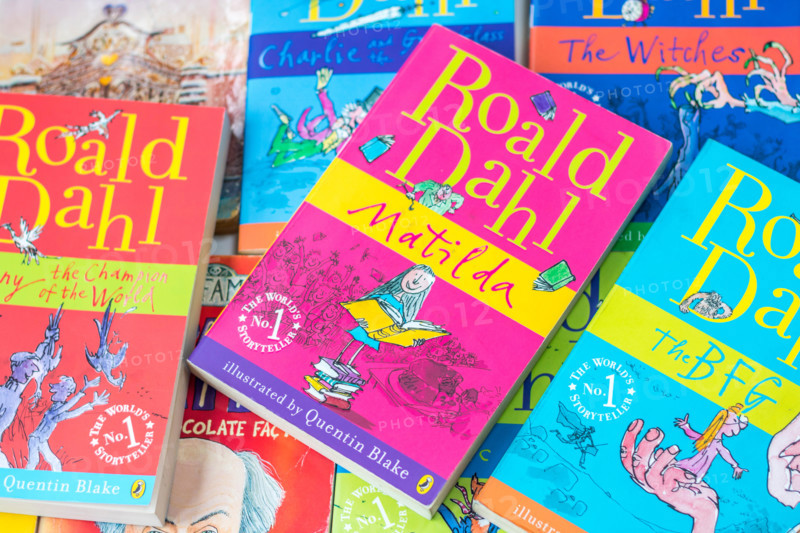 stack pile of childrens books, kids books, children favourites, roald dahl book, matilda bfg chocolate factory witches, kids favourite author classics