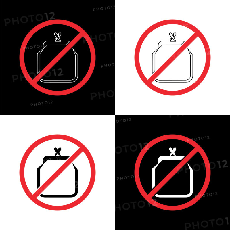 Buy Nothing Day. Social event concept. Linear line, line art. Purse in strikethrough circle. 4 design options.