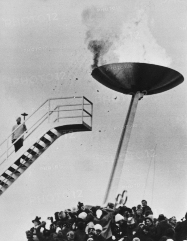 Olympic Winter Games opened in Innsbruck, Josl Rieder lights the Olympic fire;