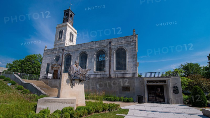 Fulton, MO--June 19, 2020; Bronze statue stands in front of National Winston Churchill Museum at Westminster College where the Iron Curtain speech was
