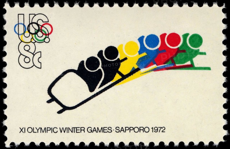 Olympic Games Sapporo Bobsled 8c 1972 issue U.S. stamp.