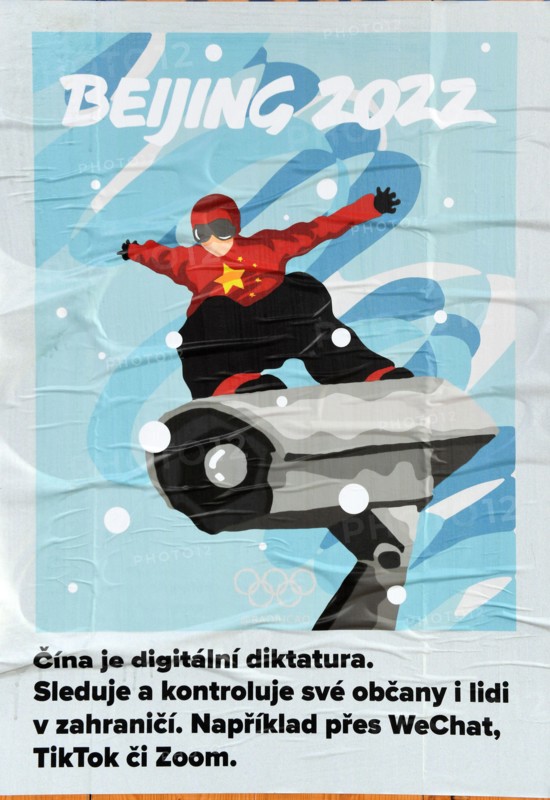 Prague, Czech Republic. 07th Feb, 2022. The poster by a Chinese artist using the pseudonym Badiucao depicting sports discipline symbolically associated with violation of human rights and rule of law is seen in Prague, Czech Republic, on January 7, 2022, during the 2022 Winter Olympics in Beijing. Credit: Katerina Sulova/CTK Photo/Alamy Live News