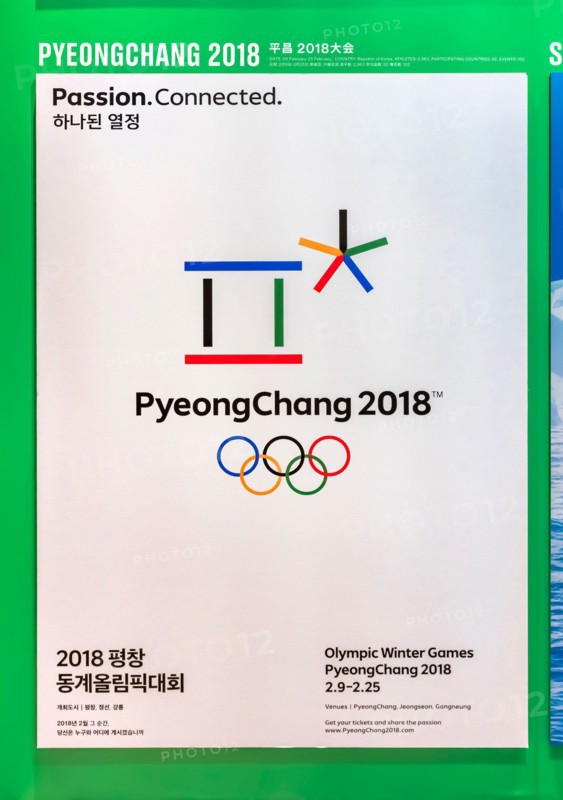 tokyo, japan - august 10 2021: Korean poster of PyeongChang 2018 winter olympics games depicting Korean Hangul word symbolising a gathering place wher