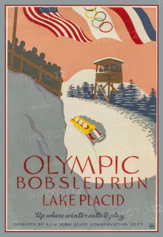 OLYMPIC BOBSLED RUN The 1932 Winter Olympics poster LAKE PLACID ,officially known as the III Olympic Winter Games and commonly known as Lake Placid 1932, were a winter multi-sport event in the United States, held in Lake Placid, New York, United States. The games opened on February 4 and closed on February 13. "Olympic bobsled run, Lake Placid Up where winter calls to play." Poster promoting Olympic winter sports, showing four man bobsledding on bobsled run with Olympic & USA Flag behind.  1932