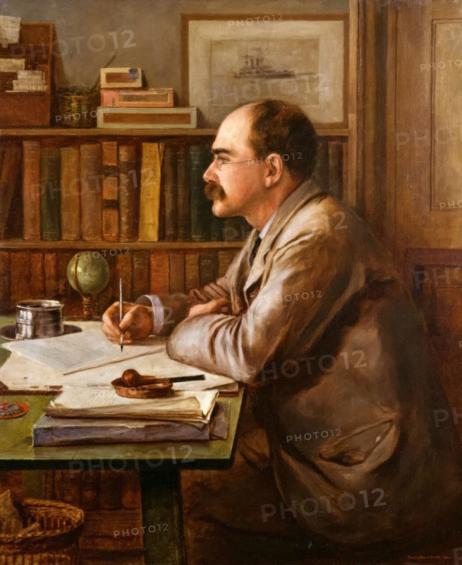 Rudyard Kipling. Portrait painting of Joseph Rudyard Kipling (1865-1936), English writer and poet, in oil on canvas by Sir Philip Burne-Jones, 1899