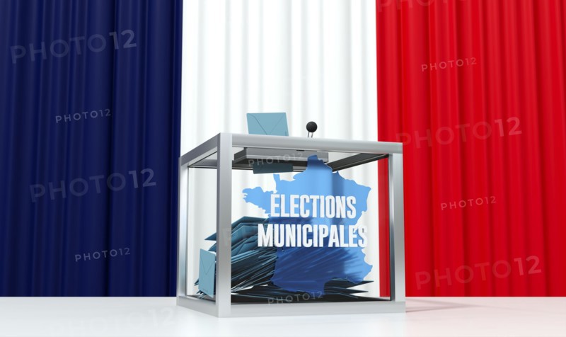 Ballot box filled with ballots in front of a French flag for the municipal elections - 3D rendering