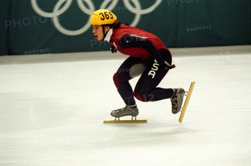 Apolo Anton Ohno (USA) competing in short track speed skating at the 2002 Olympic Winter Games