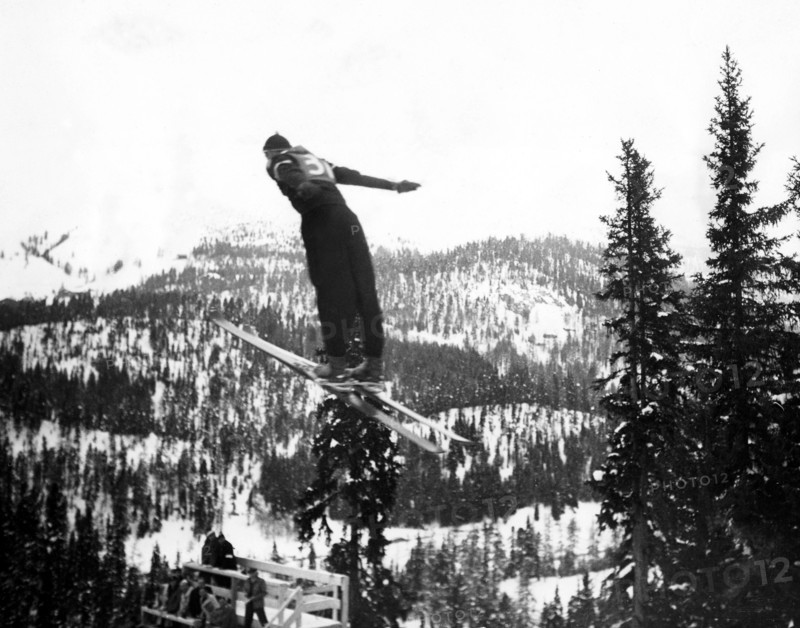 Feb. 3, 1948 - St. Moritz, Switzerland - American competitor CORY ENGEN making his leap during the ski-jumping event of the Olympic Games in St. Moritz, Switzerland. (Credit Image: © KEYSTONE Pictures USA/ZUMAPRESS.com)