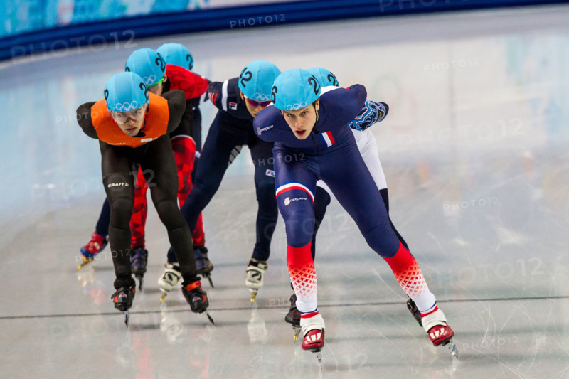 Sebastien Lepape (FRA) and Sjinkie Knegt (NED) competing in the Men's Short Track 1500m finals B at the Olympic Winter Games