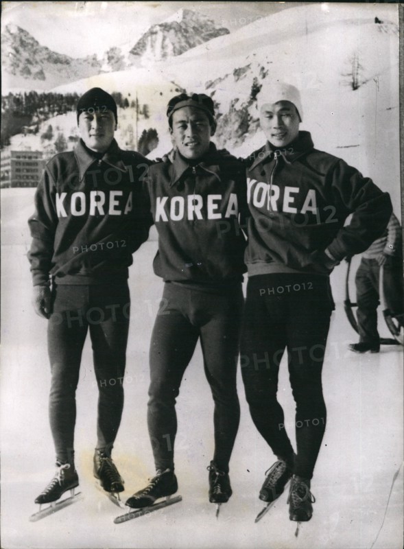 Jan. 01, 1948 - The speed skating team from Korea. Ready for the olympic games.: Members of the Speed Ice Skating Team from Korea seen on arrival at St. Moritz where they are preparing for the forthcoming Olympic events.