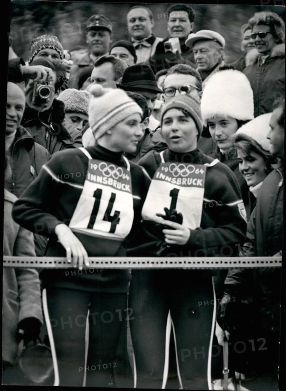Feb. 02, 1964 - Olympic Winter games Innsbruck 1964, Ladies Slalom: The Ladies Slalom in Lizum Winn the French Christine Goitsche. Photo Shows F.L.N.R. Christine Goitsche (Goldmedaille) and Marielle Goitschel (Silvermedaille)