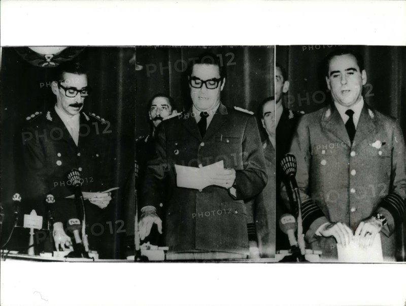 Mar. 03, 1976 - Military takeover in Argentina: Argentina's armed forces in a swift and apparently bloodless coup have everthrone President Maria Estela Peron who is now under house arrest in the mountains of Patagonia. Photo Shows (L to R) Army General Jorge Videla; Admiral Emilio Massera and Air Force Brigadier Orlando Agost, who have been swern in as members of the new military junta.