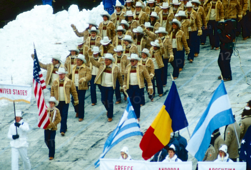 Scott Hamilton, Flag bearer leads Team USA marching in the Opening ceremonies at the 1980 Olympic Winter Games, Lake Placid, New York, USA