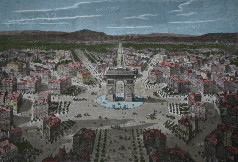 France. Paris. The Arc de Triomphe. Place de l'Etoile. Engraving by Bertrand, 19th century. Later colouration.