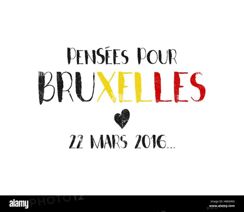 Pray for Brussels lettering with black heart. Tribute to victims of terrorism attack in Brussels airport, metro March 22, 2016. Vector hand drawn illustration isolated on white background