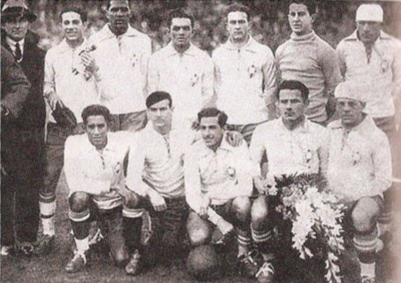 A historic image from the 1930 FIFA World Cup held in Uruguay, featuring Brazil's early participation in the global football tournament. The 1930 World Cup marked the beginning of the modern era of international football competitions.