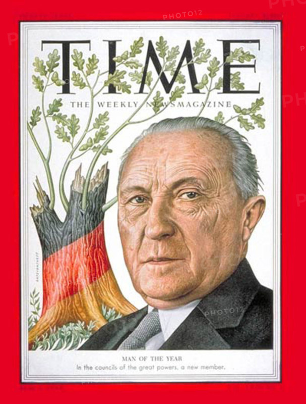 This image features Konrad Adenauer, Chancellor of West Germany, photographed in 1954, symbolizing his significant role in post-war German politics and his leadership in rebuilding the country.