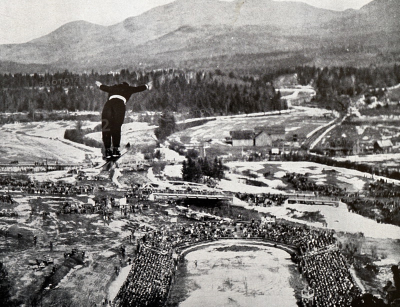 Photograph of the Ski jump at Lake Placid during the 1932 Winter Olympic games. It was won by Birger Ruud (1911 - 1998) from Norway.