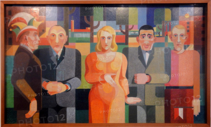 . Zeitgenossen .  Deutsch: Auf dem Bild: Sänger Willi Ostermann, Oberbürgermeister Konrad Adenauer, Soubrette Trude Alex, Boxer Hein Domgörgen, der Künstler Heinrich Hoerle selbst . 1931/1932 140 Hoerle Zeitgenossen-2
