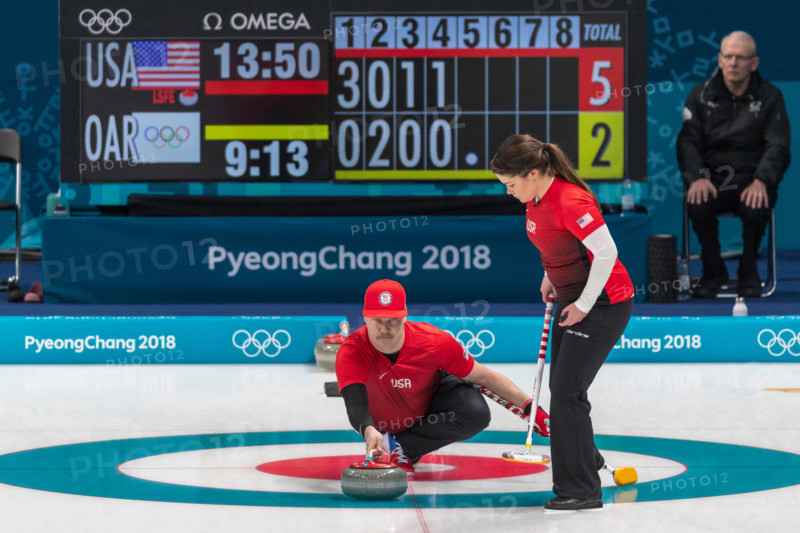 Matt and Rebecca Hamilton (USA) competing in the Mixed Doubles Curling round robin at the Olympic Winter Games PyeongChang 2018