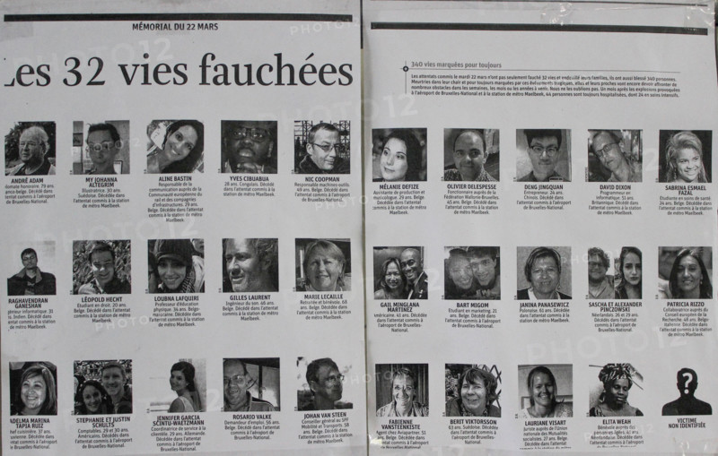 March 2016, Brussels Maalbeek metro station, Belgium, Terrorist attack that took place on March 22. Poster with the victims. In memoriam