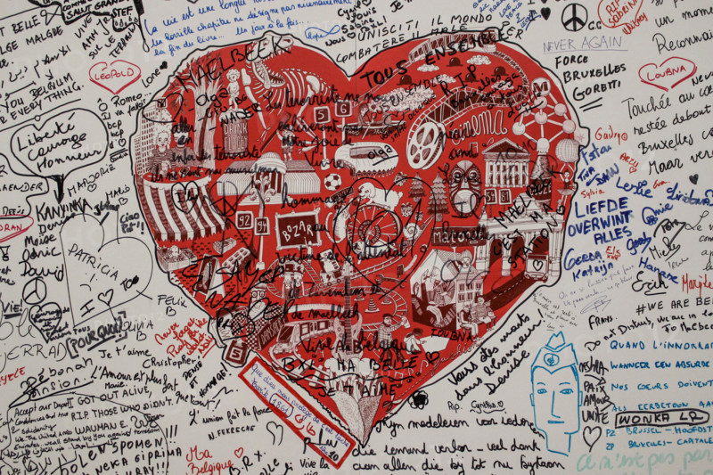 March 2016, Brussels Maalbeek metro station, Belgium, Terrorist attack that took place on March 22. Poster with the victims. In memoriam