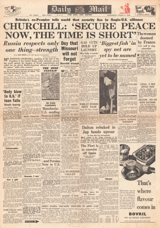 1946 Daily Mail newspaper front page Churchill's (Iron Curtain) Speech in Fulton